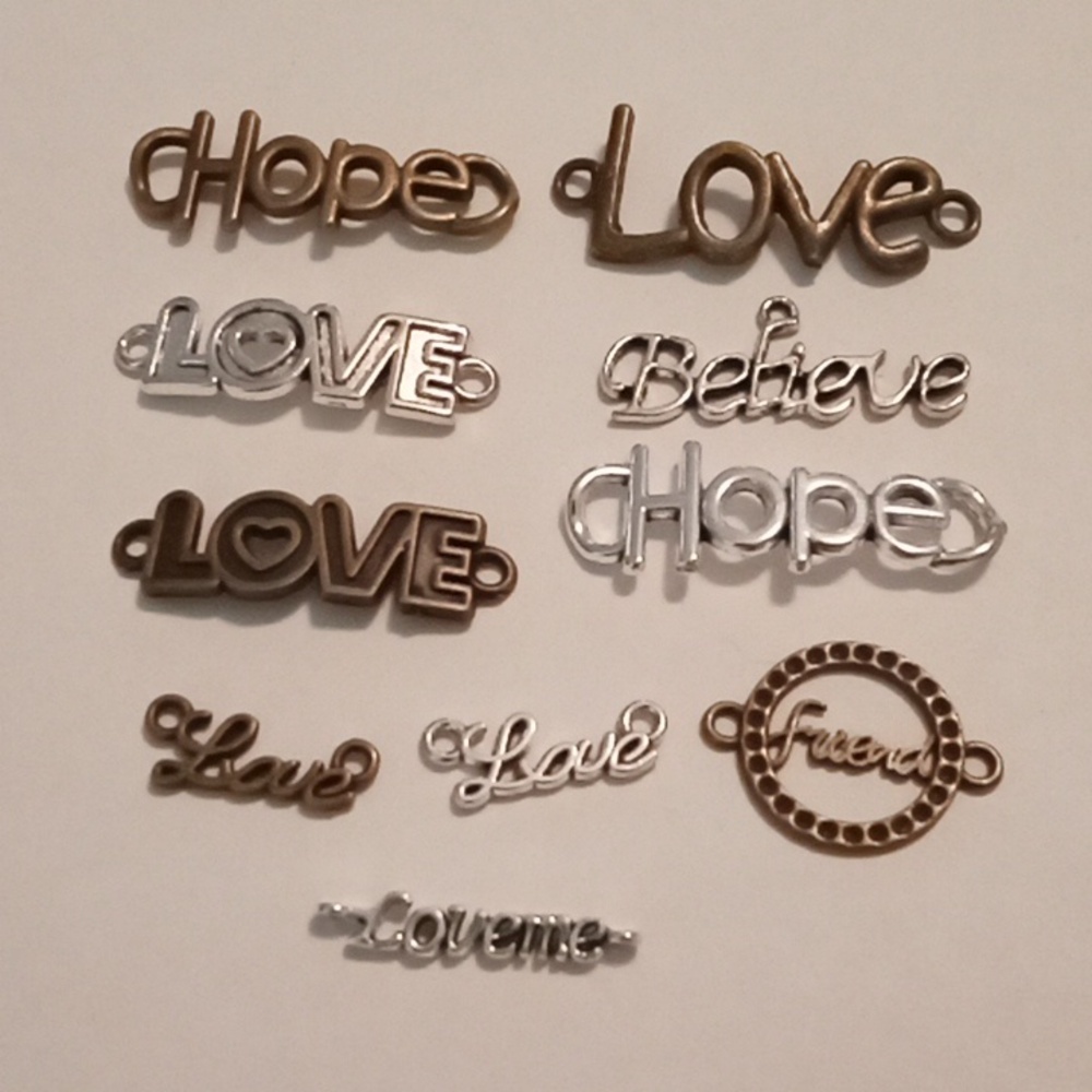 #863. 10 Piece Crafters Assorted, Silver & Brass Toned Love Inspirational Charms
